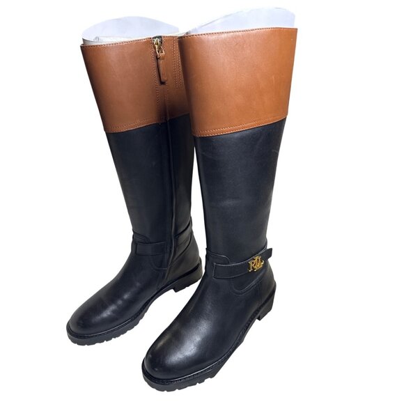 Ralph Lauren Justine Riding Boots Black Cognac Leather 7B NWT MSRP $275 - Picture 3 of 9